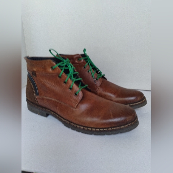 Mens Brown Leather Lace Up Ankle Boots with Green‎ Laces and Suede Heel Trim